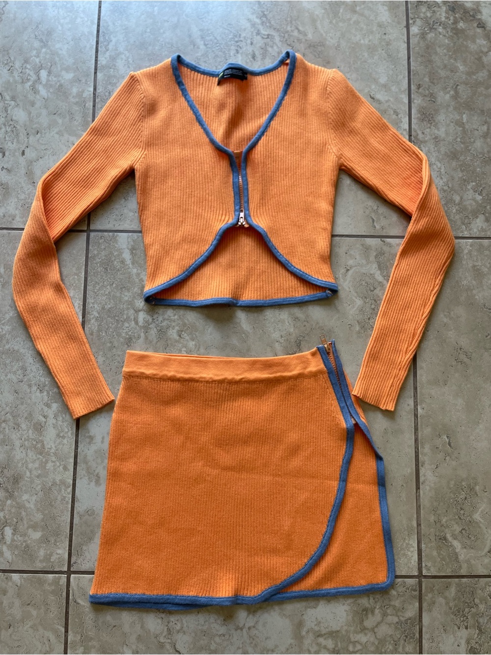 FINESSE Orange Knit Two-Piece Set with Blue Trim